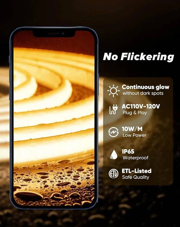 110-120V Warm White(2800K) COB LED Neon Rope(10mmX4.5mm)-Peel and Stick Tape Light, IP65 Splash Proof, Cuttable, dimmable, can hardwire - Hyperdealss