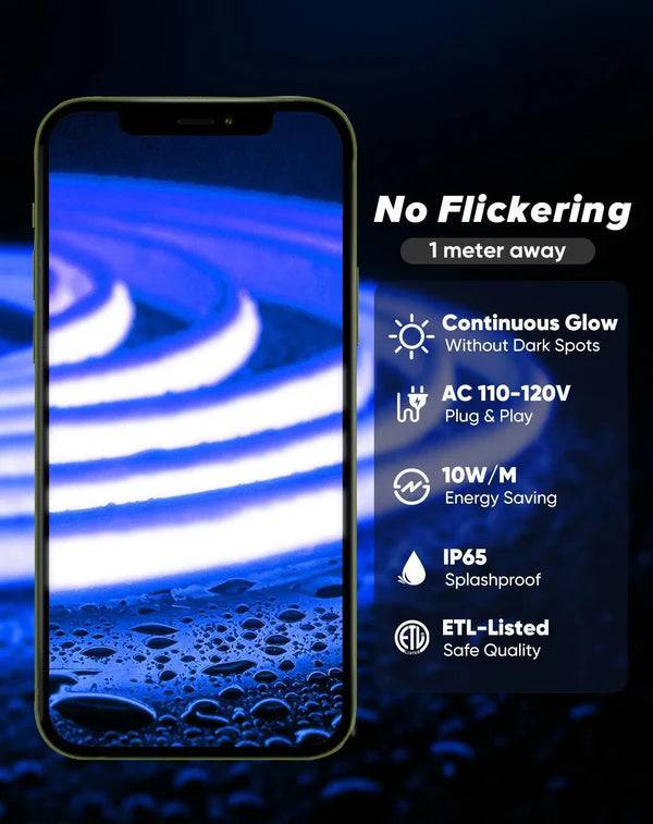 110-120V Blue COB Peel and Stick Tape Light (10mmx4.5mm),800Lm/W, IP65, Cuttable, dimmable, flicker-free - Plug and Play and hardwired - Hyperdealss