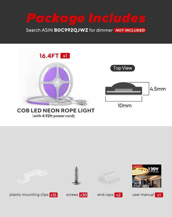 110-120V Purple COB Peel and Stick Tape Light (10mmx4.5mm),IP65, Cuttable, dimmable, flicker-free - Plug and Play and Could Be hardwired - Hyperdealss