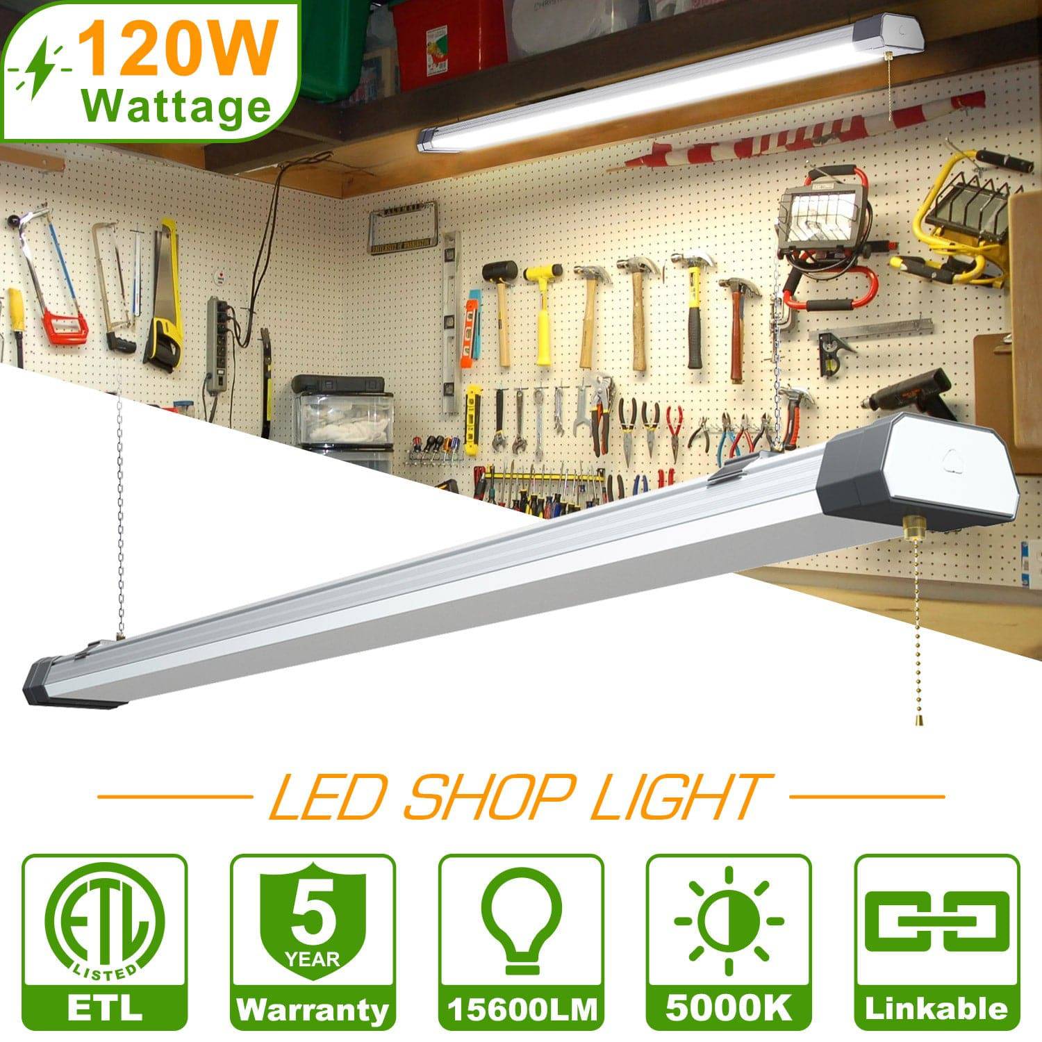 120W LED Shop Light, 4FT, 15600LM, 5000K, Linkable, With Plug, 120V±10%, ON/Off Pull Chain, Suspended & Flush Mount - Hyperdealss