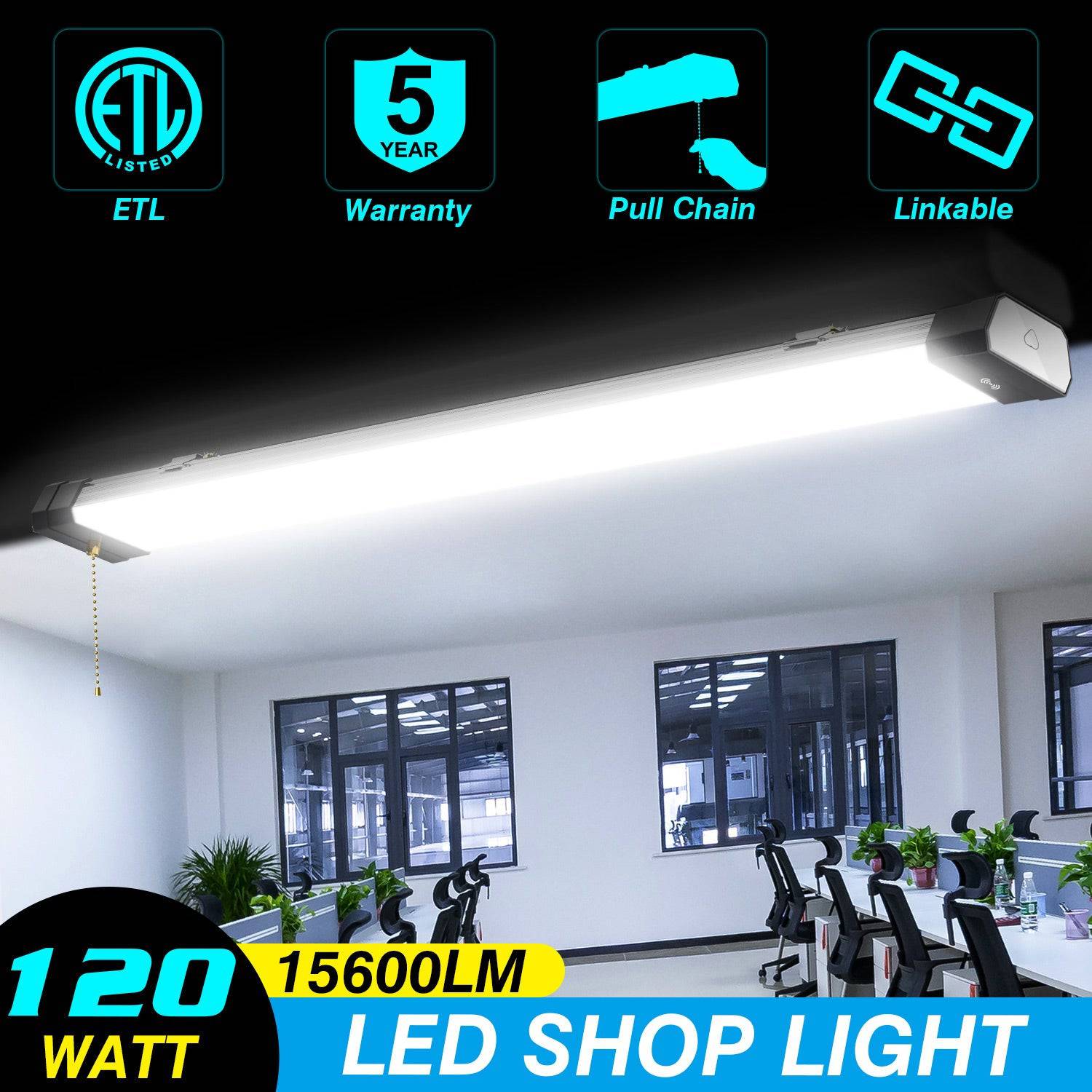 120W LED Shop Light, 4FT, 15600LM, 5000K, Linkable, With Plug, 120V±10%, ON/Off Pull Chain, Suspended & Flush Mount - Hyperdealss