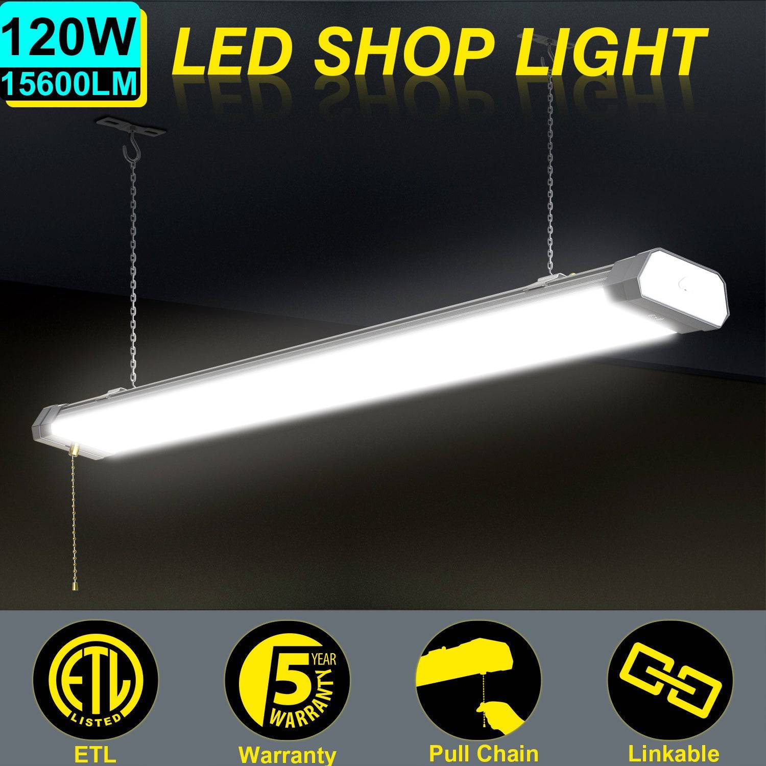120W LED Shop Light, 4FT, 15600LM, 5000K, Linkable, With Plug, 120V±10%, ON/Off Pull Chain, Suspended & Flush Mount - Hyperdealss