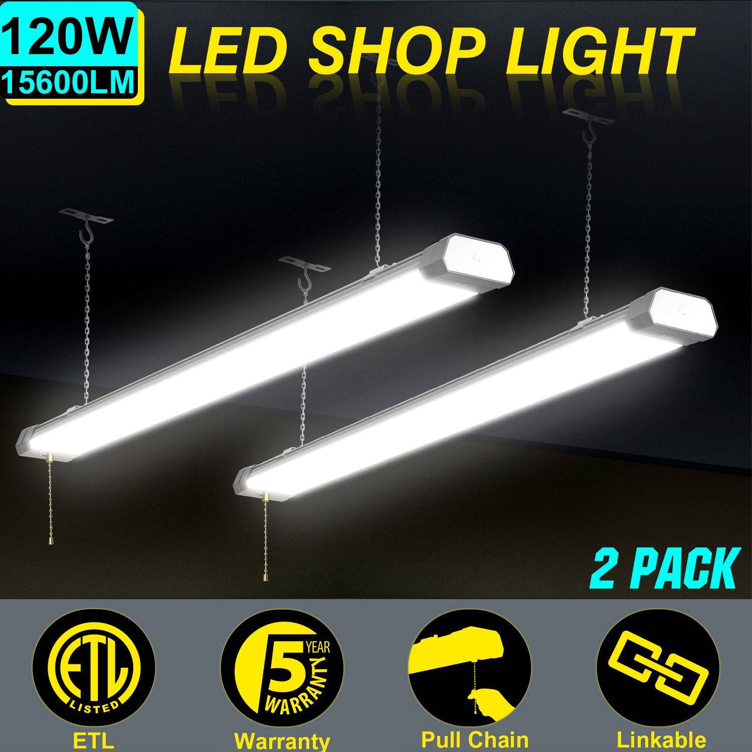 120W LED Shop Light, 4FT, 15600LM, 5000K, Linkable, With Plug, 120V±10%, ON/Off Pull Chain, Suspended & Flush Mount - Hyperdealss