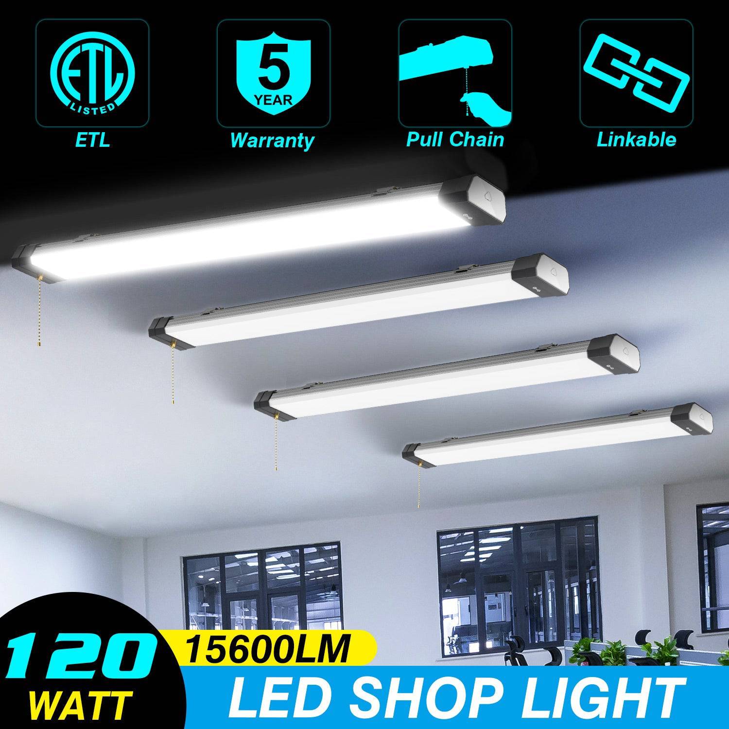 120W LED Shop Light, 4FT, 15600LM, 5000K, Linkable, With Plug, 120V±10%, ON/Off Pull Chain, Suspended & Flush Mount - Hyperdealss