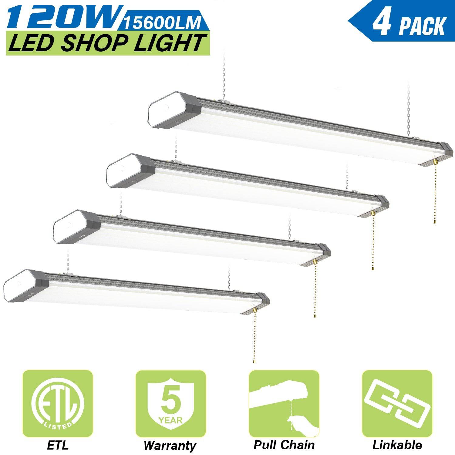 120W LED Shop Light, 4FT, 15600LM, 5000K, Linkable, With Plug, 120V±10%, ON/Off Pull Chain, Suspended & Flush Mount - Hyperdealss