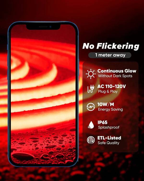 110V High-Intensity COB LED Neon Rope Light Red, 800 Lumens/M - Hyperdealss