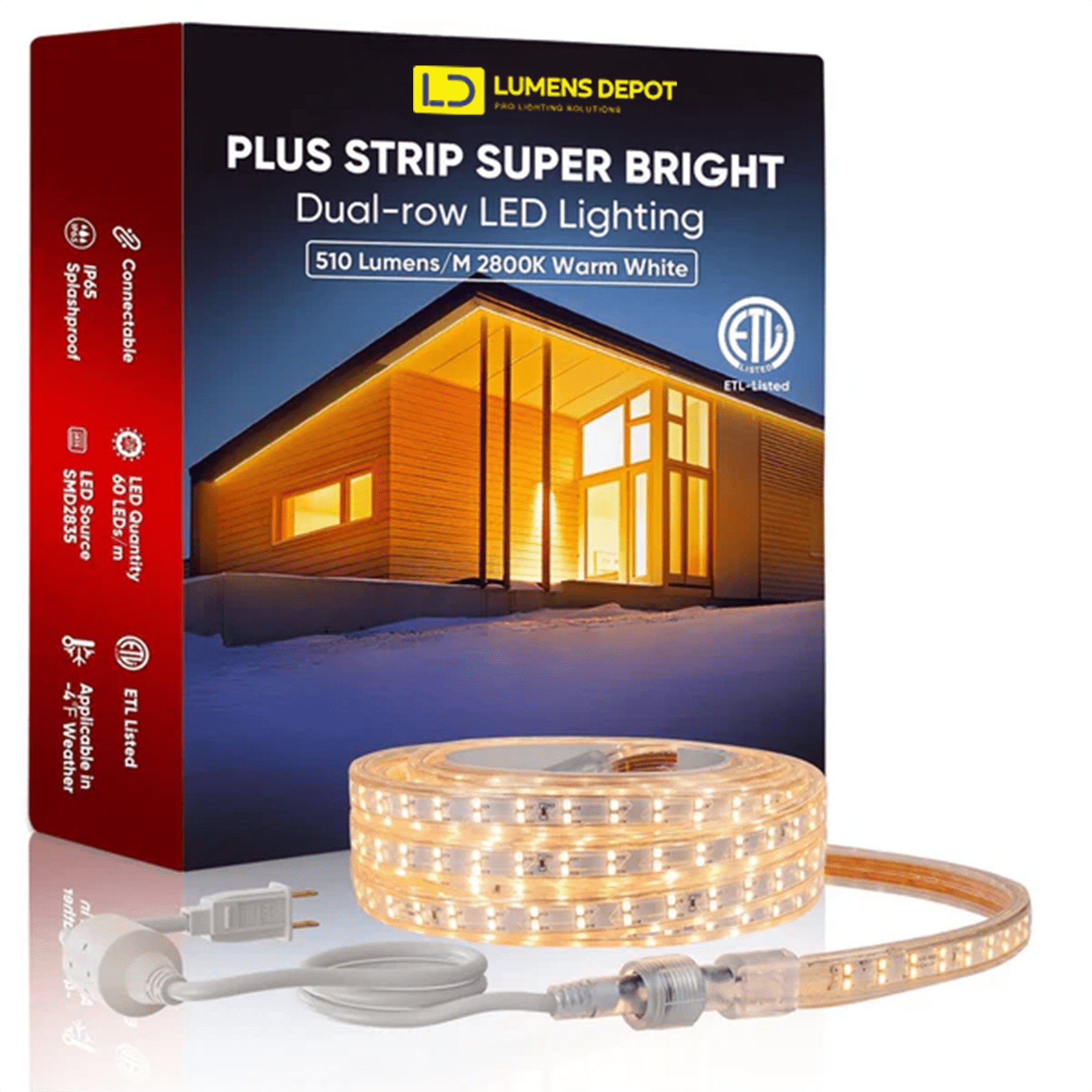 110V Super Bright Double Row LED Strip, Warm White 2800K, 510 Lumens/M - Hyperdealss