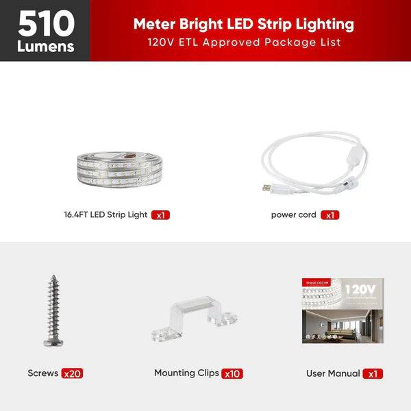 110V Super Bright Double Row LED Strip, Cool White 6000K, 510 Lumens per Meter - Hyperdealss
