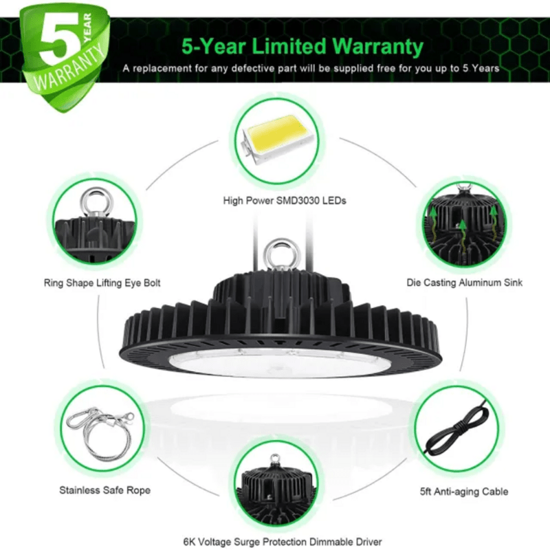 LED UFO High Bay Light, 240W, CCT 5000K, 36000 Lumens, 100-277 VAC - Hyperdealss