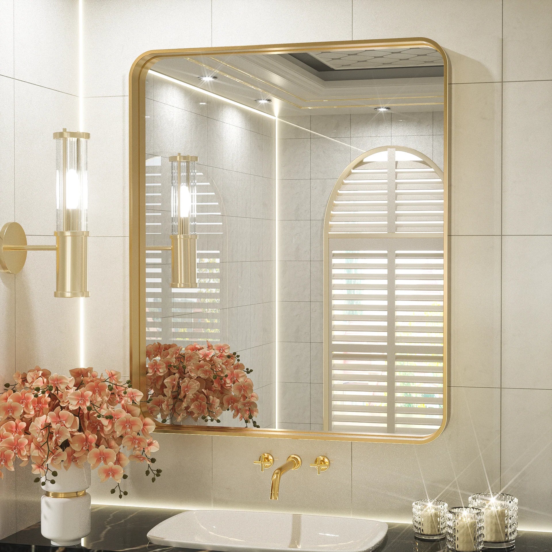 Gold Round Corner Metal Frame Mirror – Rectangular Wall Mirror with Shatterproof Glass - Vertical or Horizontal Mount – Modern Luxury Accent - Hyperdealss