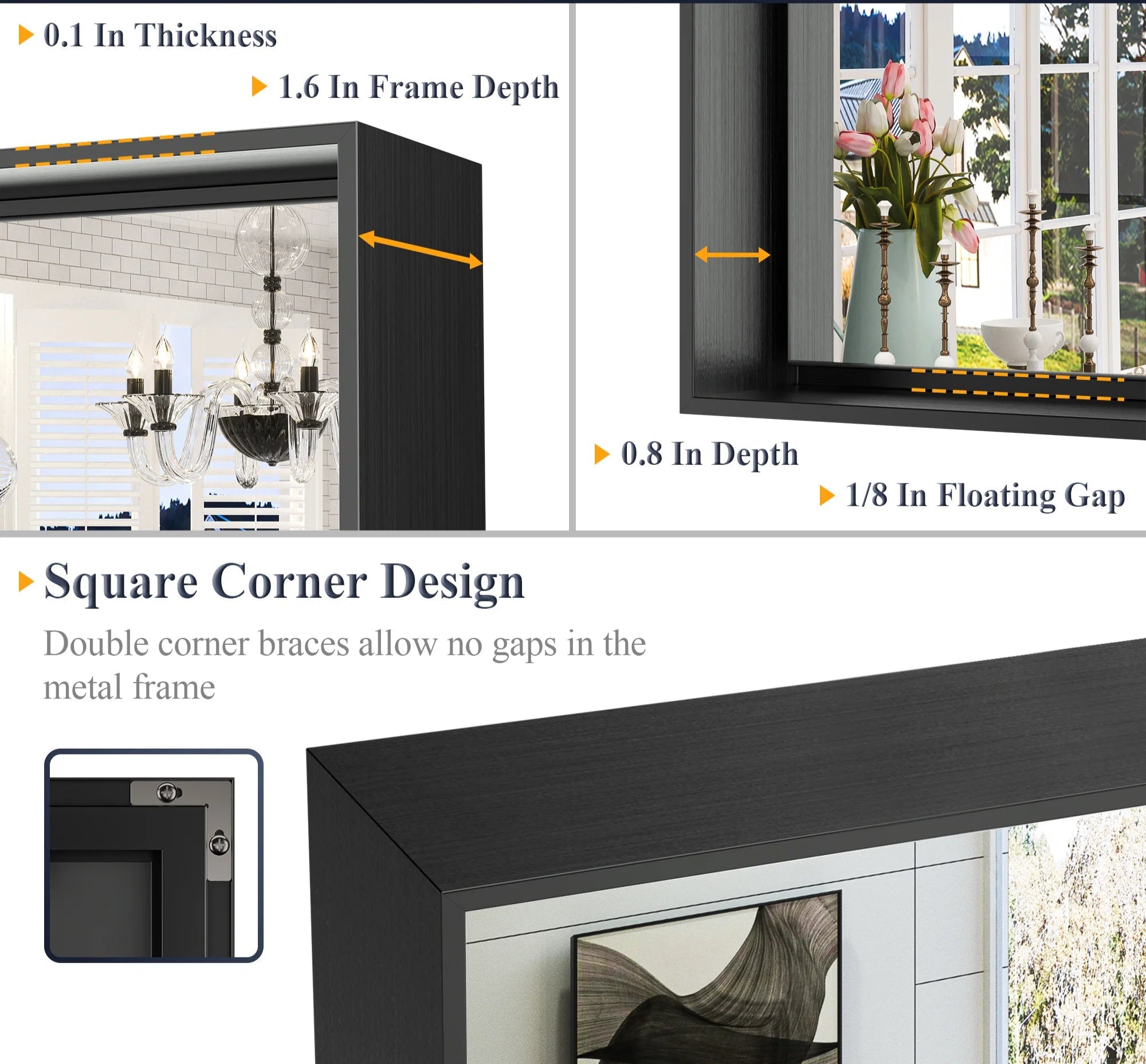 Black Hard Corner Metal Frame Mirror – Rectangular Wall Mirror with Shatterproof Copper-Free Glass - Vertical or Horizontal Mount - Hyperdealss