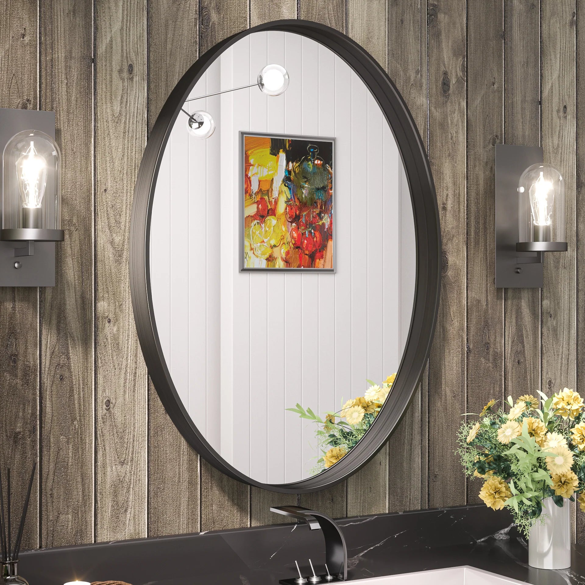 Black Oval Metal Frame Mirror – Modern Wall-Mounted Bathroom and Entryway Mirror - Hyperdealss