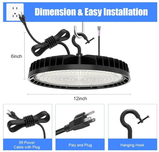 LED UFO High Bay Light: BI 240W/200W/150W, CCT Tunable 3000K/4000K/5000K, 100-277VAC, Black, with US Plug - Hyperdealss