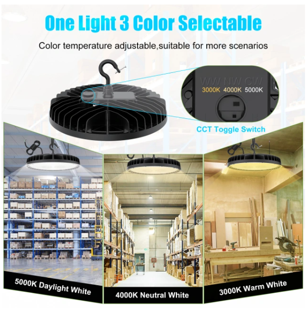 LED UFO High Bay Light: BI 240W/200W/150W, CCT Tunable 3000K/4000K/5000K, 100-277VAC, Black, with US Plug - Hyperdealss