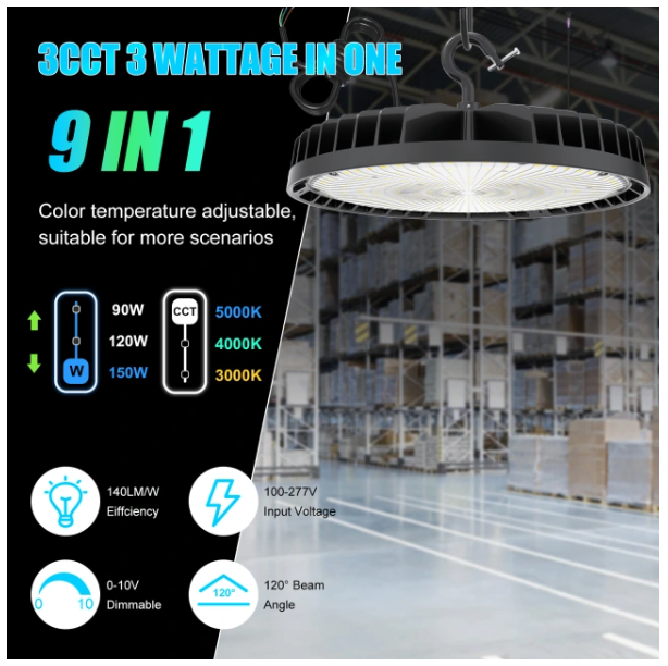 LED UFO High Bay Light, Selectable Watt 150W/200W/240W and CCT 5000K, 36,000 Lumens, 277-480 VAC - Hyperdealss