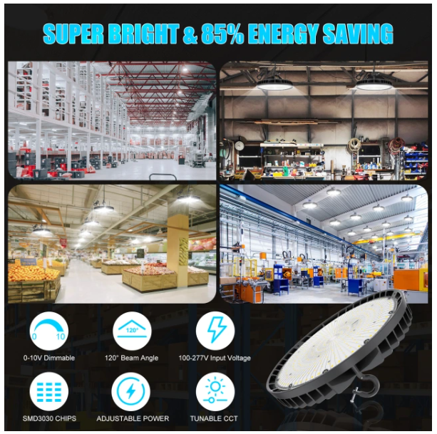 LED UFO High Bay Light: BI 240W/200W/150W, CCT Tunable 3000K/4000K/5000K, 100-277VAC, Black, with US Plug - Hyperdealss