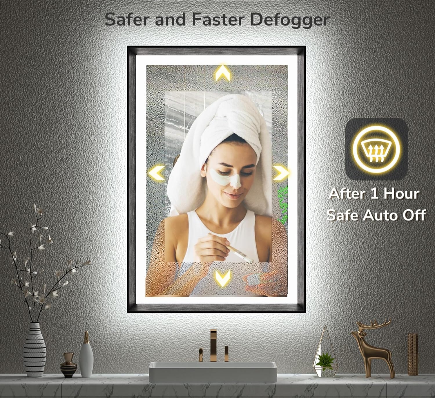 40x30 Black Frontlit LED Bathroom Mirror with 3 CCT – Dimmable - Anti-Fog - Metal Frame - Hyperdealss
