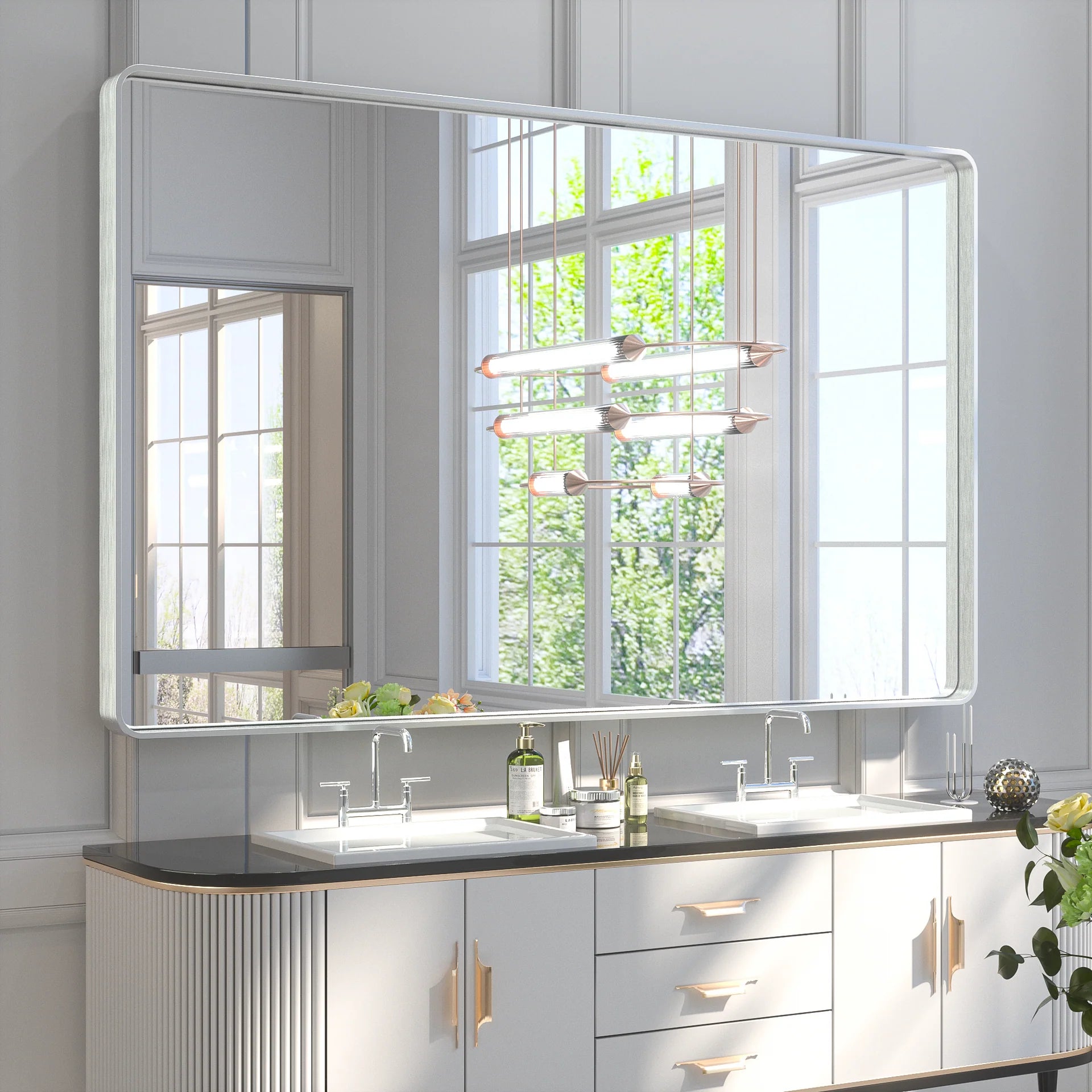 Silver Round Corner Metal Frame Mirror – Rectangular Wall Mirror with Polished Beveled Edge – Modern Vanity and Bathroom Mirror - Hyperdealss