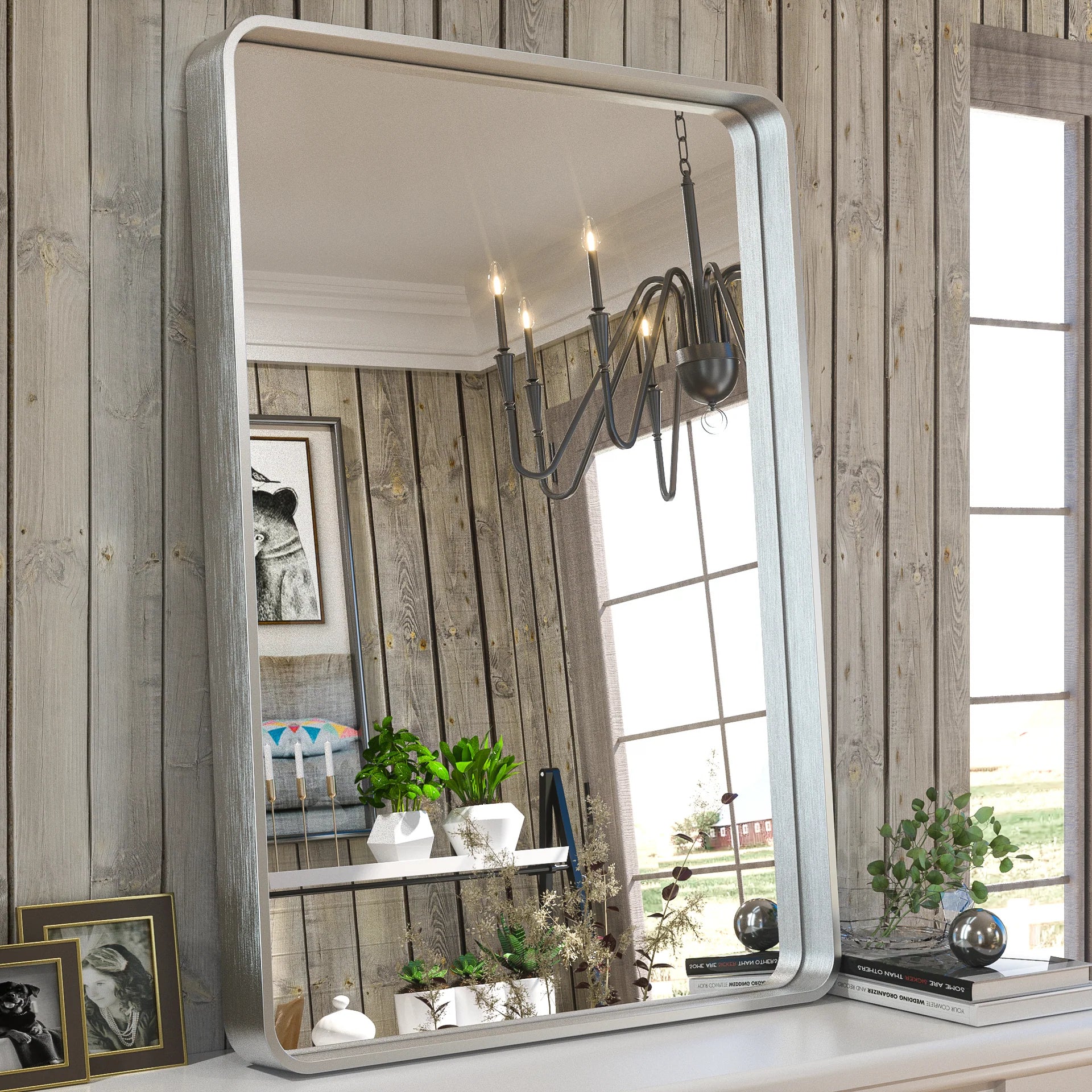 Silver Round Corner Metal Frame Mirror – Rectangular Wall Mirror with Polished Beveled Edge – Modern Vanity and Bathroom Mirror - Hyperdealss