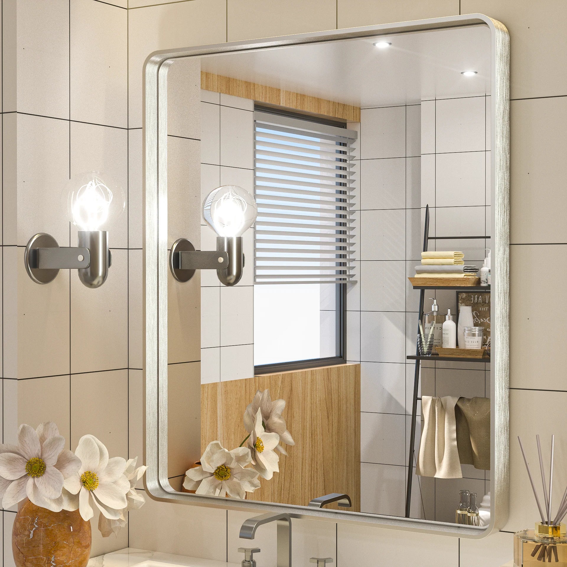 Silver Round Corner Metal Frame Mirror – Rectangular Wall Mirror with Polished Beveled Edge – Modern Vanity and Bathroom Mirror - Hyperdealss