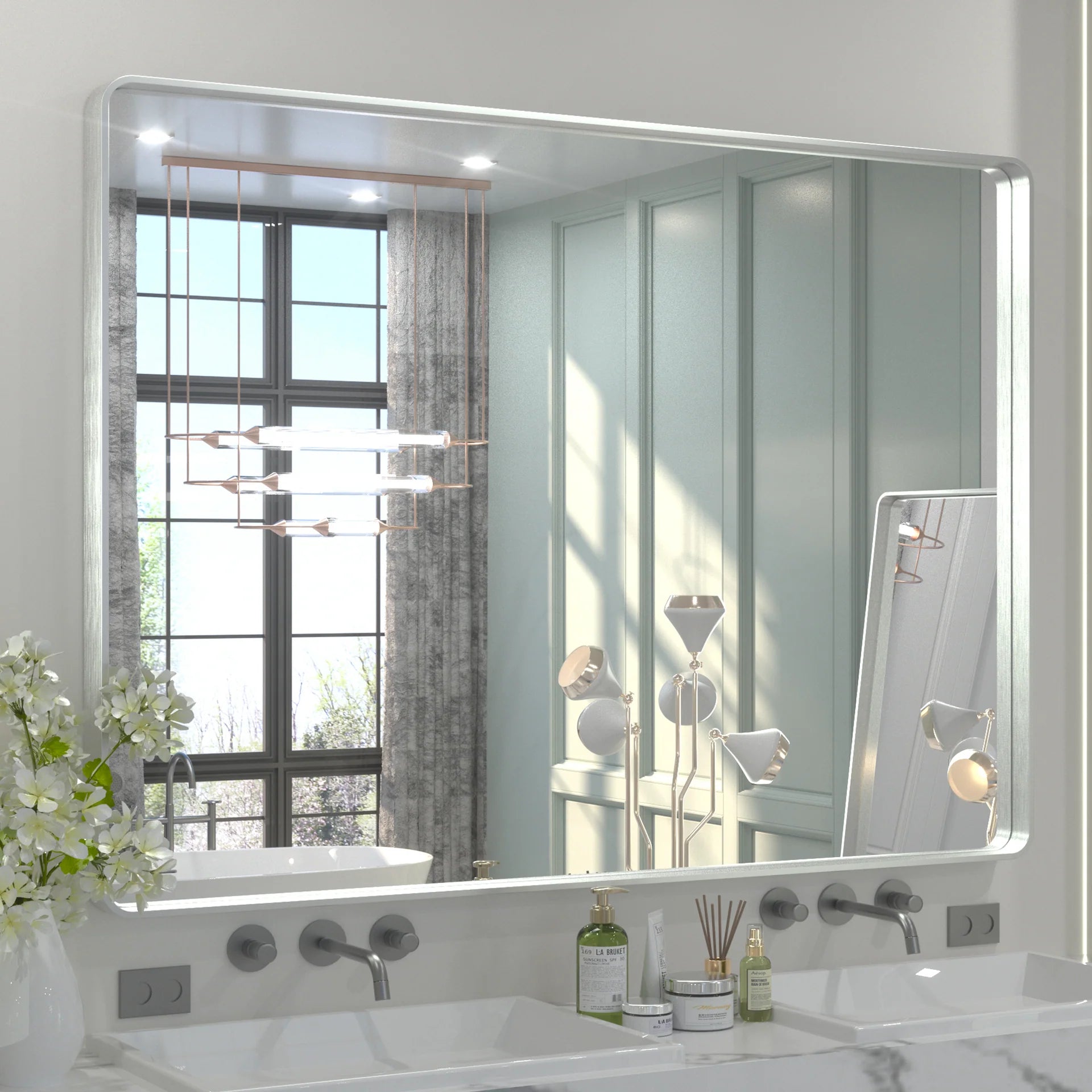 Silver Round Corner Metal Frame Mirror – Rectangular Wall Mirror with Polished Beveled Edge – Modern Vanity and Bathroom Mirror - Hyperdealss
