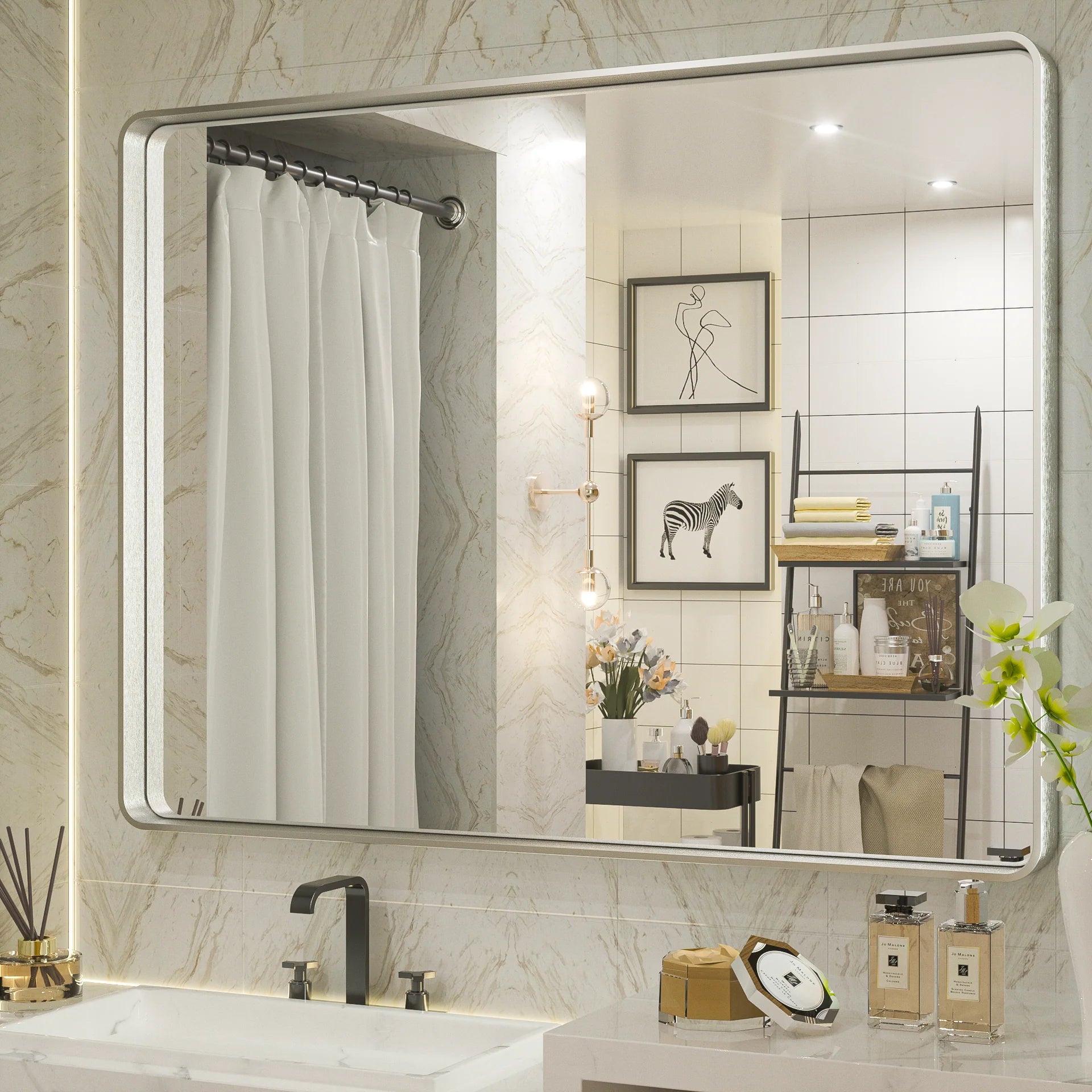 Silver Round Corner Metal Frame Mirror – Rectangular Wall Mirror with Polished Beveled Edge – Modern Vanity and Bathroom Mirror - Hyperdealss
