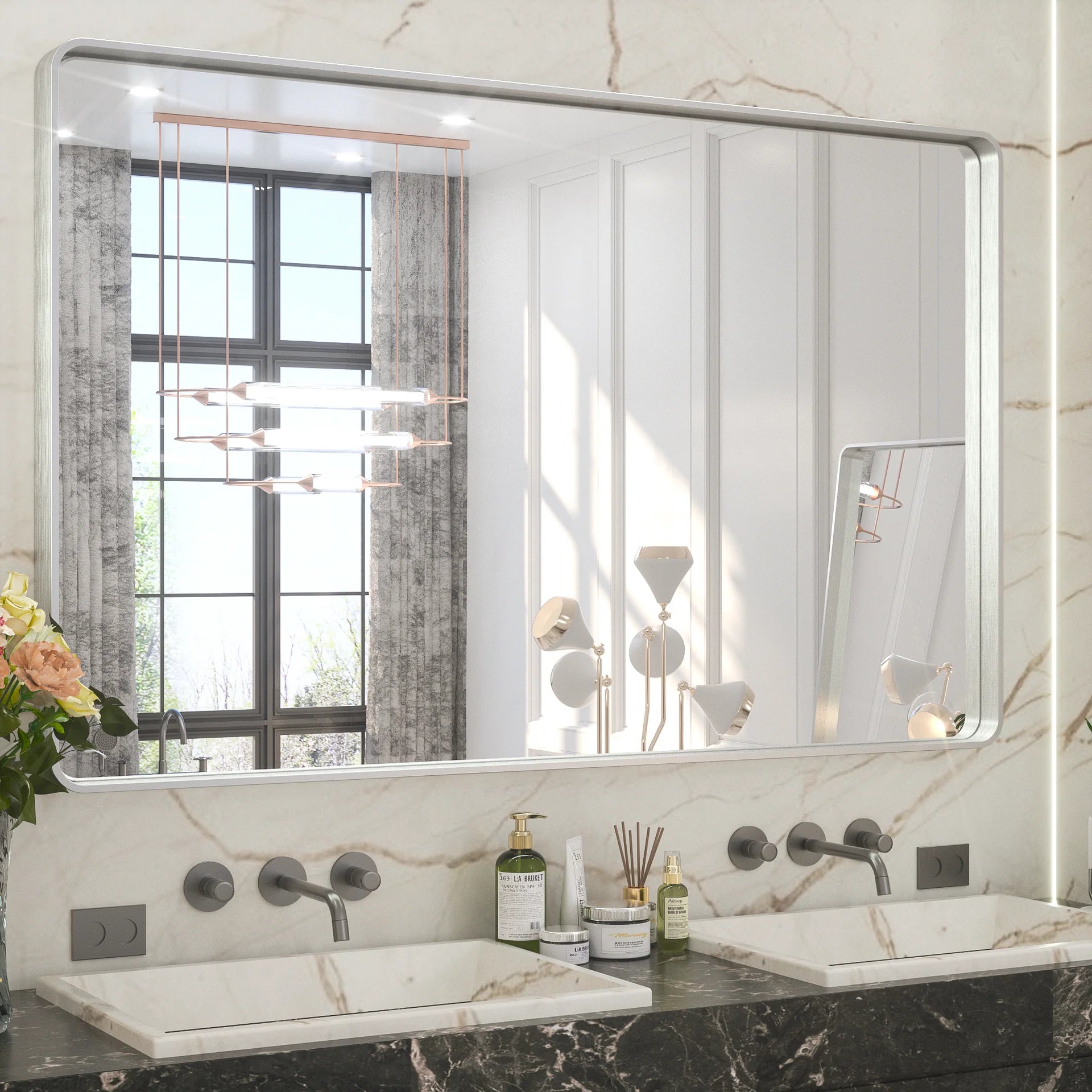 Silver Round Corner Metal Frame Mirror – Rectangular Wall Mirror with Polished Beveled Edge – Modern Vanity and Bathroom Mirror - Hyperdealss