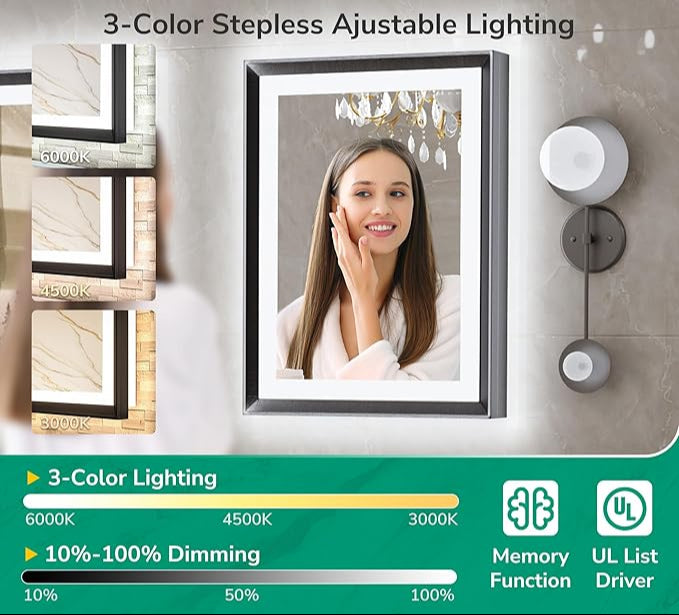 40x30 Black Frontlit LED Bathroom Mirror with 3 CCT – Dimmable - Anti-Fog - Metal Frame - Hyperdealss