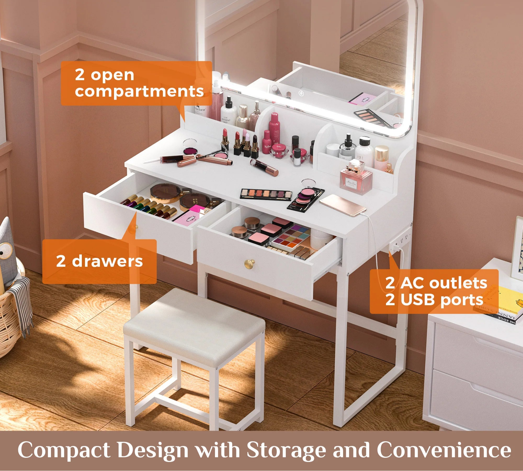 White Vanity Desk with Lighted Mirror and Chair – Makeup Vanity Set with 2 Drawers - Storage Shelves - USB Ports & Outlets – Compact Design for Small Spaces - Hyperdealss