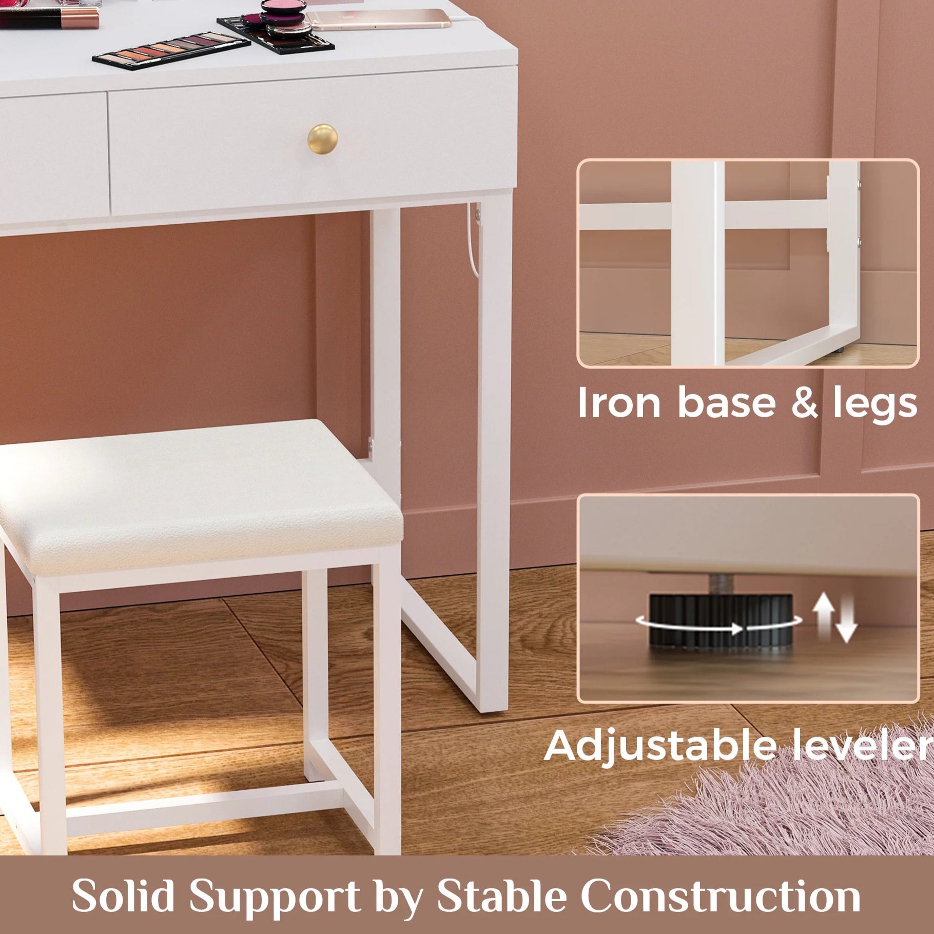 White Vanity Desk with Lighted Mirror and Chair – Makeup Vanity Set with 2 Drawers - Storage Shelves - USB Ports & Outlets – Compact Design for Small Spaces - Hyperdealss