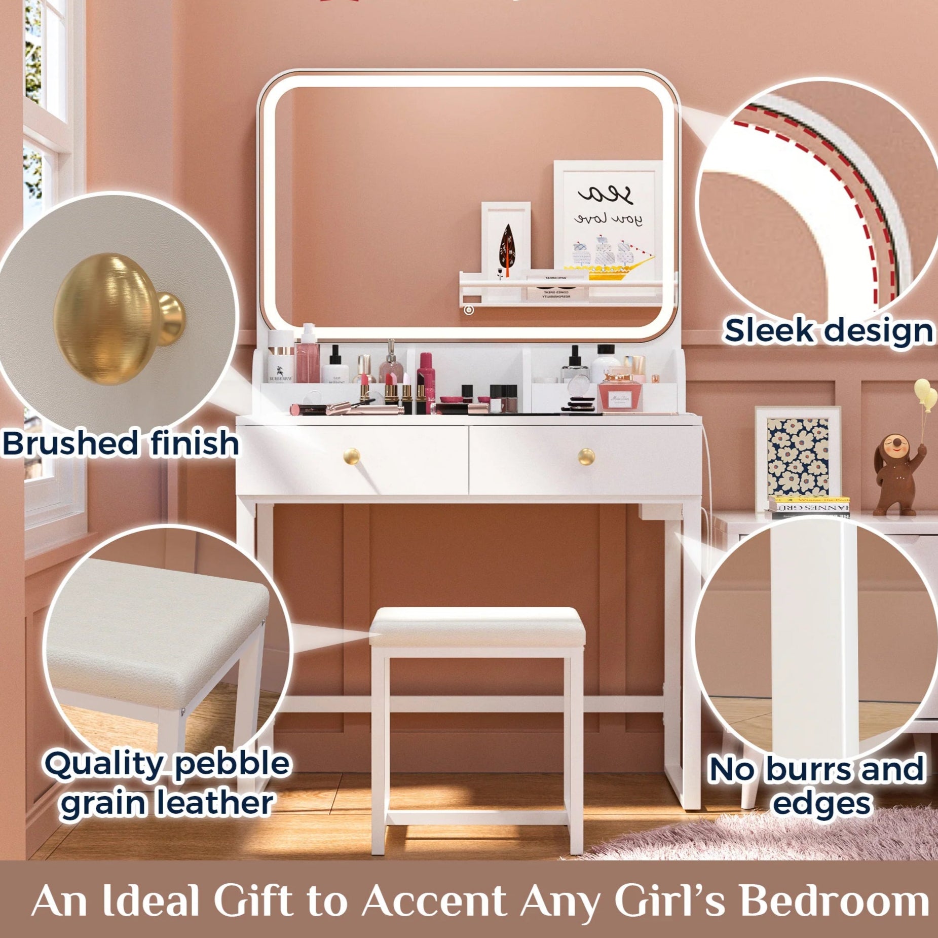 White Vanity Desk with Lighted Mirror and Chair – Makeup Vanity Set with 2 Drawers - Storage Shelves - USB Ports & Outlets – Compact Design for Small Spaces - Hyperdealss