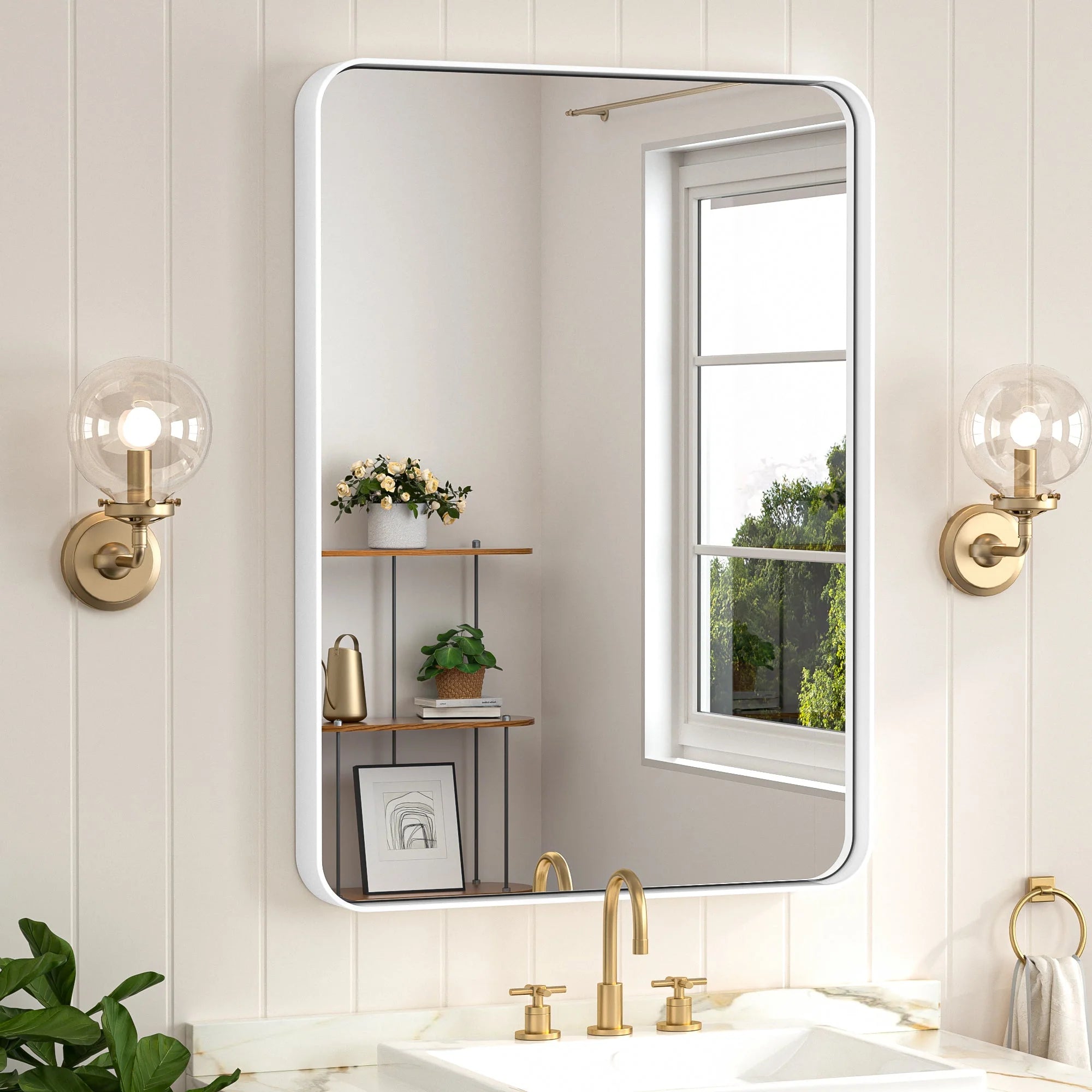 White Hard Corner Thin Frame Metal Mirror – Modern Wall-Mounted Bathroom - Bedroom - and Entryway Mirror - Hyperdealss