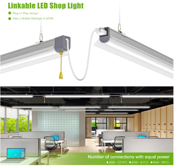 2-Pack 80W LED Shop Lights, 5000K Daylight, 10,400LM, Linkable Garage Ceiling Lights with Power Cord, T10 Linear Fixture for Workshop, Office, Basement, 120V Only - Hyperdealss