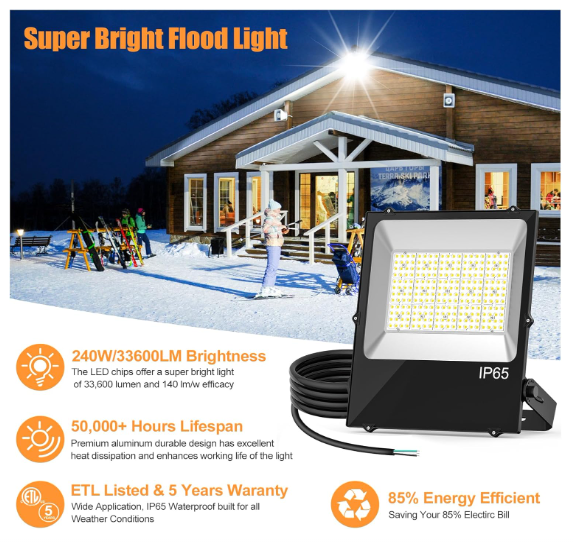 240W LED Flood Light, 33,600LM Super Bright Outdoor Security Light, 5000K Daylight, ETL Listed, Waterproof, 100-277V Commercial Area Lighting for Garage, Yard, Parking Lot - Hyperdealss