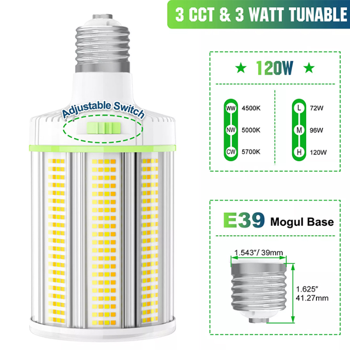LED Corn Bulb, 120W, 16800 Lumens, 5000K, E39 Base, 100-277 VAC - Hyperdealss