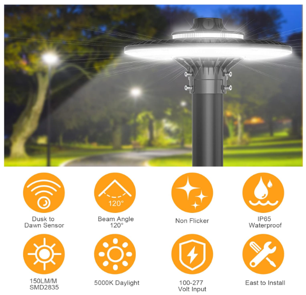 120W LED Circular Area Light – 5000K, 100-277V AC, Built-in Photocell, IP65 Waterproof Post Top Light, UL Listed - Hyperdealss