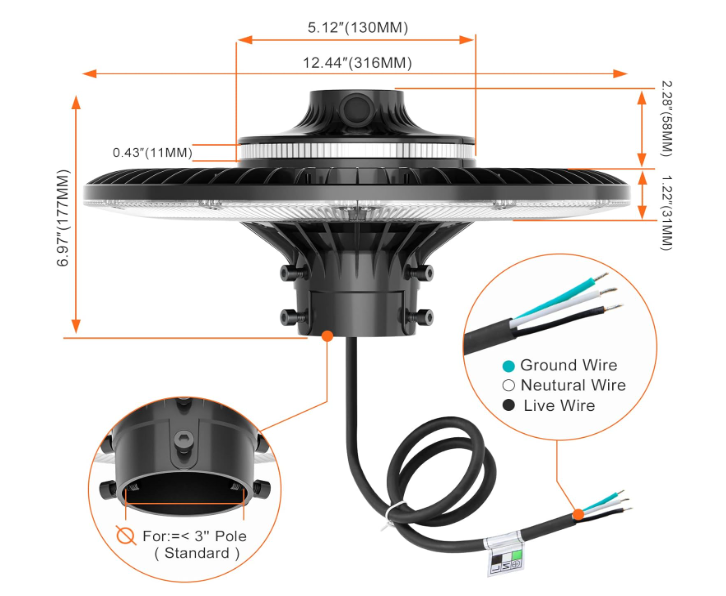 120W LED Circular Area Light – 5000K, 100-277V AC, Built-in Photocell, IP65 Waterproof Post Top Light, UL Listed - Hyperdealss